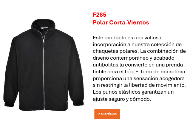 Imagen de la chaqueta de forro polar cortaviento F285 en negro junto a un breve texto informativo visible en la página del producto. Enlace al artículo.