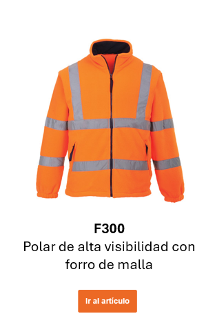 Imagen de la chaqueta de forro polar de alta visibilidad F300 en naranja con forro de malla y cintas reflectantes. Enlace al artículo.