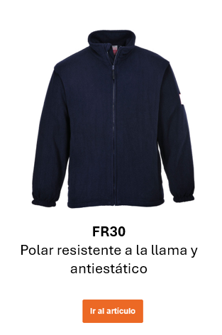 Imagen de la chaqueta de forro polar ignífuga y antiestática Modaflame FR30 en azul marino. Enlace al artículo.