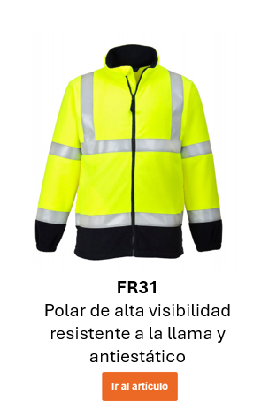 Imagen de la chaqueta de forro polar ignífuga y antiestática Bizflame FR31 en amarillo alta visibilidad con detalles azules y cintas reflectantes. Enlace al artículo.