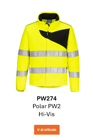 Imagen de la chaqueta de forro polar de alta visibilidad PW274 en amarillo con detalles negros y bandas reflectantes. Enlace al artículo.
