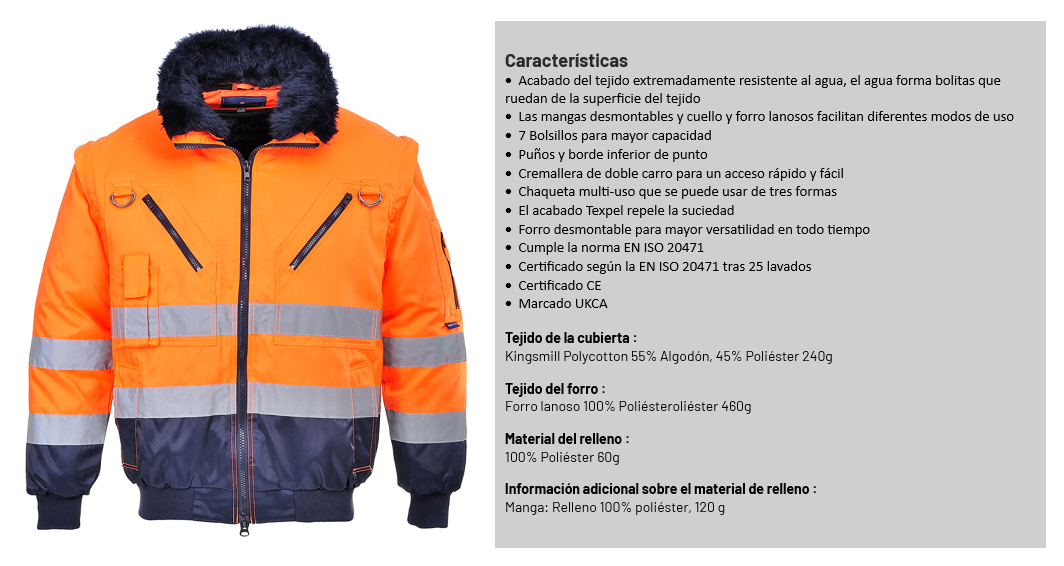 Chaqueta piloto 3 en 1 de alta visibilidad PJ50 en color azul-naranja con descripción de las características del artículo y enlace al artículo.