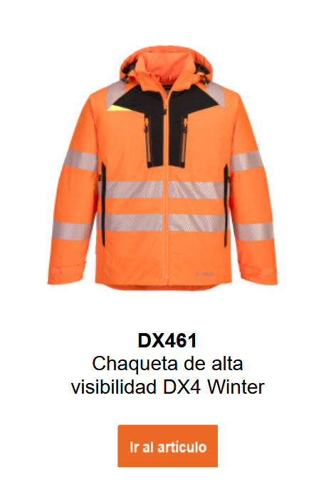 Imagen de la chaqueta de invierno de alta visibilidad DX4 DX461 en naranja con detalles en negro y amarillo y bandas reflectantes. Se proporciona un enlace al artículo.