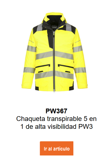 Imagen de la chaqueta transpirable 5 en 1 de alta visibilidad PW3 PW367 en amarillo con detalles en negro y bandas reflectantes. Se proporciona un enlace al artículo.