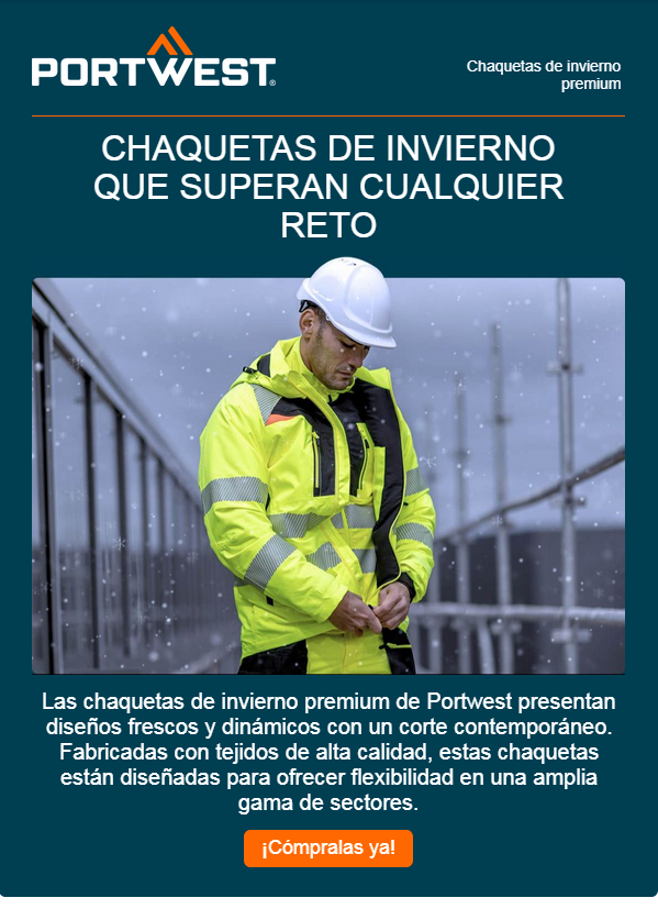 Imagen de portada con el titular "Chaquetas de invierno que superan cualquier desafío" y la imagen de un trabajador con ropa de invierno amarilla y cálida. El hombre lleva un casco blanco y se sube la cremallera de la chaqueta. Al fondo se ve una obra nevada. Se proporciona un enlace a nuestras chaquetas de invierno.