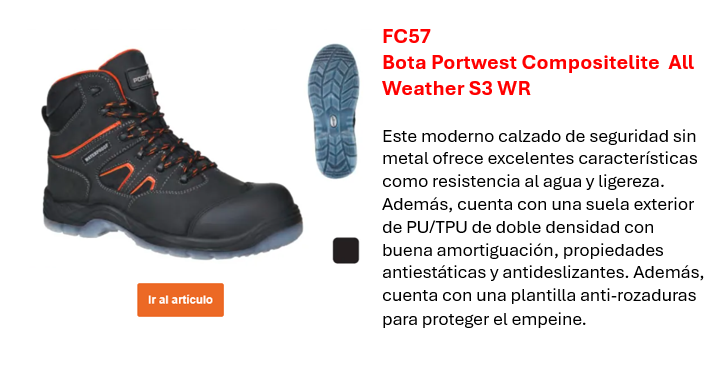 Imagen de la bota Portwest Compositelite All Weather S3 WR FC57 en negro con detalles naranjas. También se muestra la suela del zapato. Enlace incluido a la página del producto.
