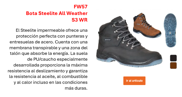 Imagen de la bota Steelite All Weather S3 WR FW57 en negro con suela gris. También se muestra el zapato en marrón y una vista de la suela. Enlace a la página del producto incluido.