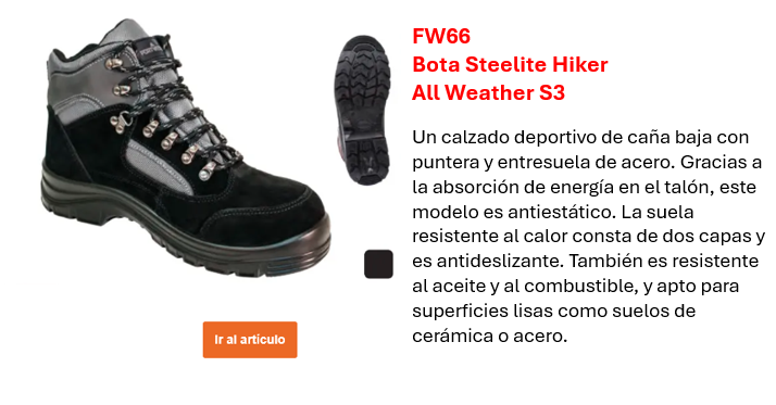 Imagen de la bota Steelite All Weather S3 WR FW66 en color negro con detalles grises y una descripción del artículo enlazada a la página del producto. También se muestra la suela del zapato.
