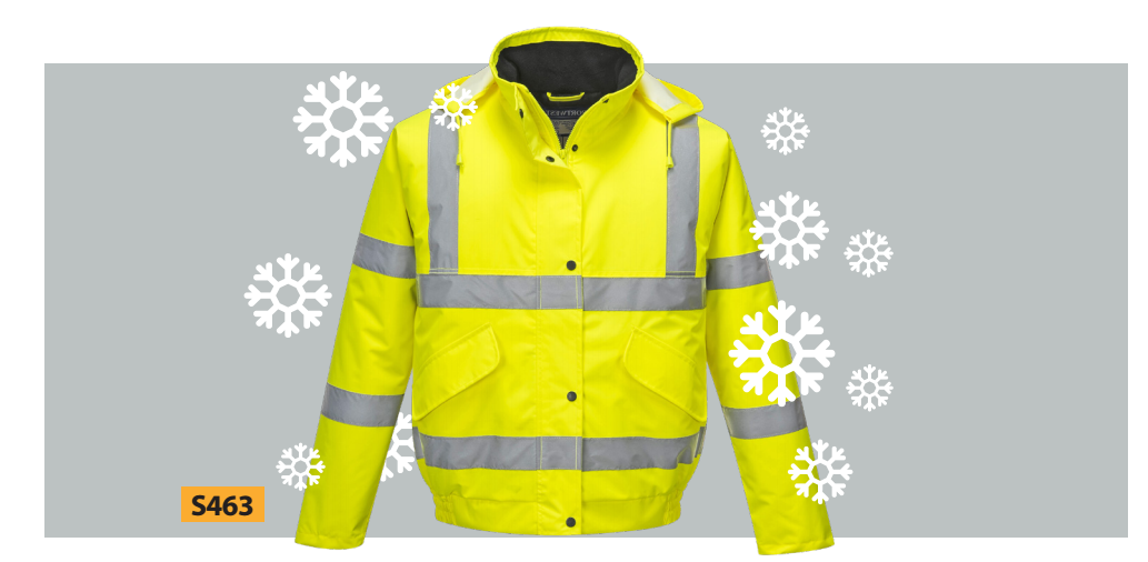 Imagen de producto de la chaqueta Portwest S463 en color amarillo aviso con copos de nieve estilizados como decoración. Se deposita el enlace al artículo.