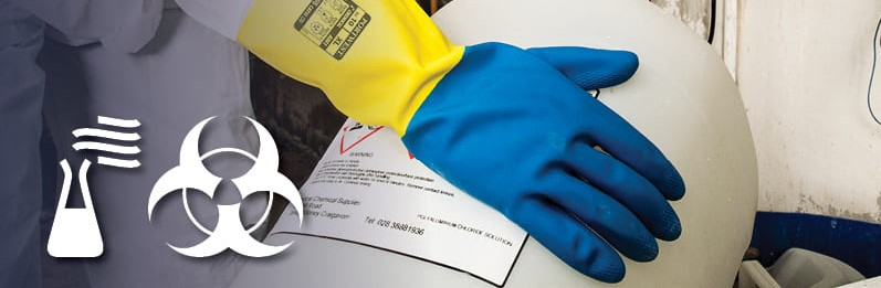 Imagen de maqueta de guantes de protección química amarilla y azul con símbolos de advertencia de sustancias químicas peligrosas