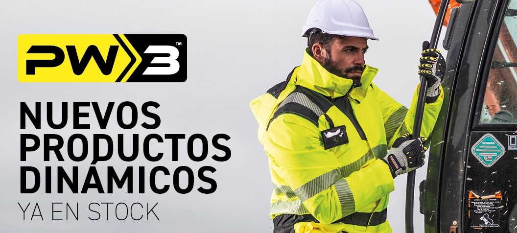 Trabajador con casco y ropa amarilla de alta visibilidad de la colección Portwest PW3.
