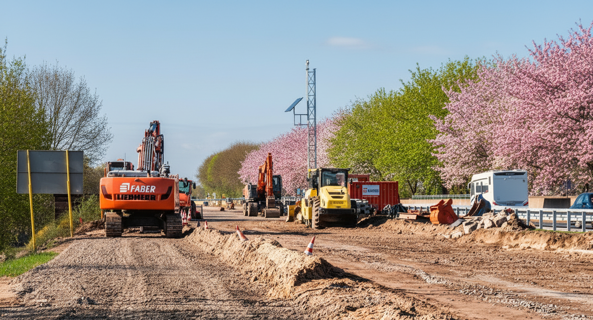 Obra de construcción con varias excavadoras y vehículos. A ambos lados del camino sin pavimentar, árboles con hojas verdes frescas y flores rosadas.