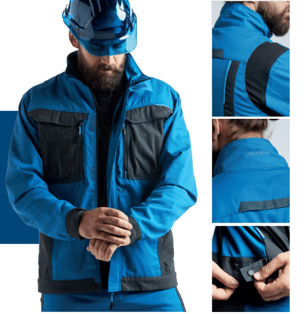 Imágenes del modelo de la chaqueta T703 en azul con tomas detalladas y un enlace a la chaqueta.